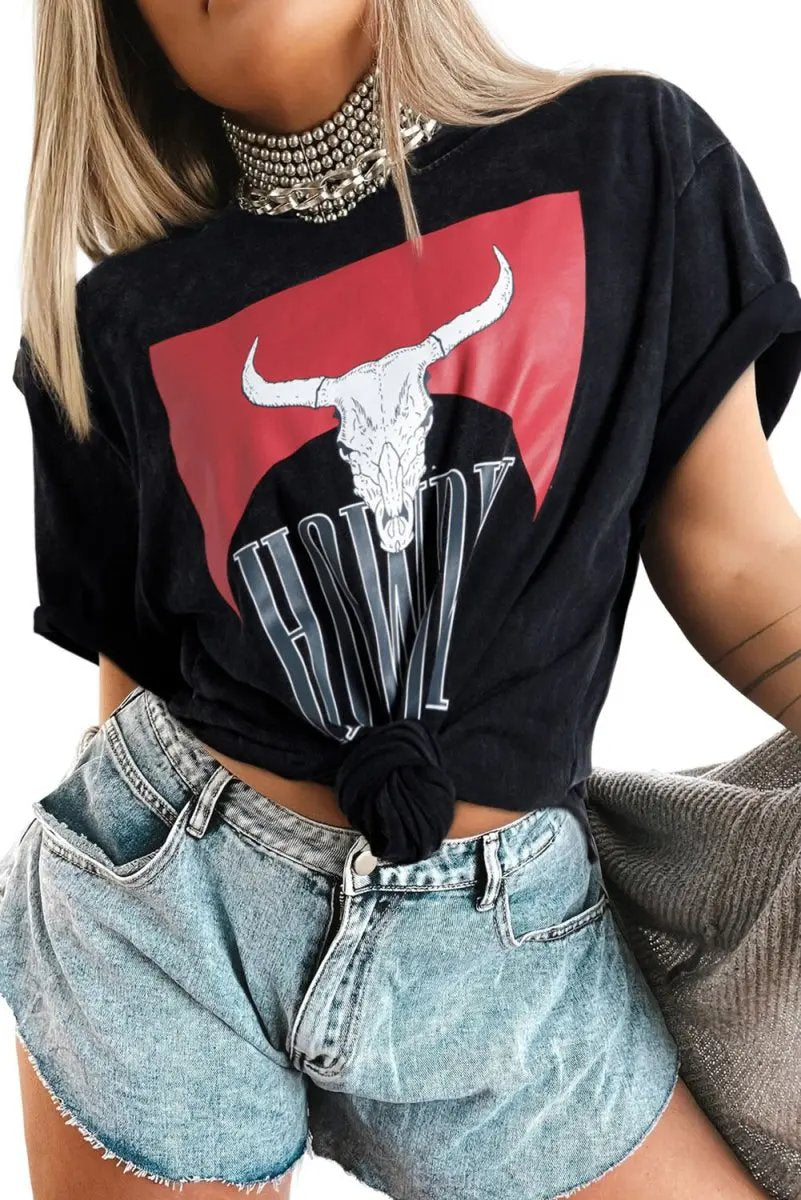 Black Western HOWDY Steer Head Print Side Slits T Shirt - Love Salve